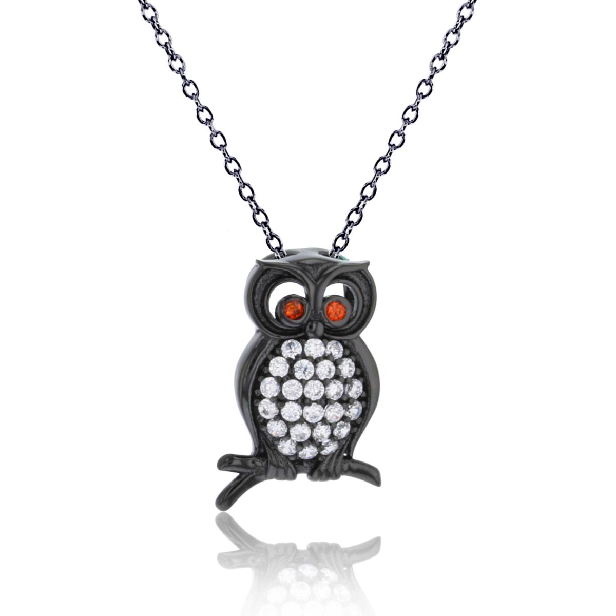 Sterling Silver Black Rnd White & Orange CZ Textured Owl 18"Necklace