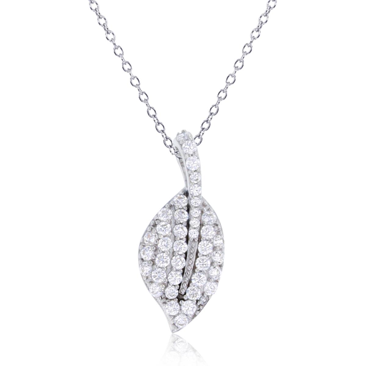 Sterling Silver Rhodium Rnd White CZ Micropave Leaf 18"Necklace