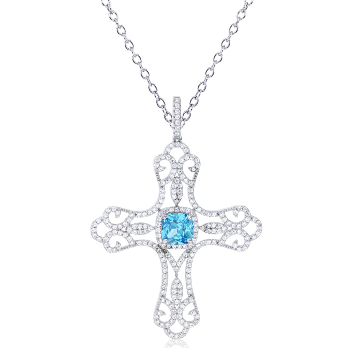 Sterling Silver Rhodium 7mm Cush #22 Blue CZ & Rnd White CZ Byzantine Cross 18"Necklace