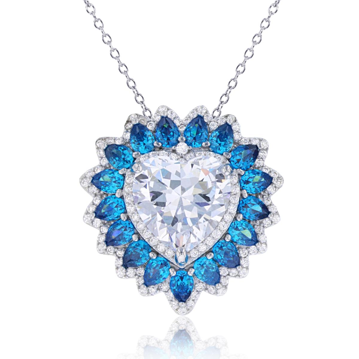 Sterling Silver Rhodium 12mm HS /Rnd White & PS Blue CZ Puffi Heart 18"Necklace