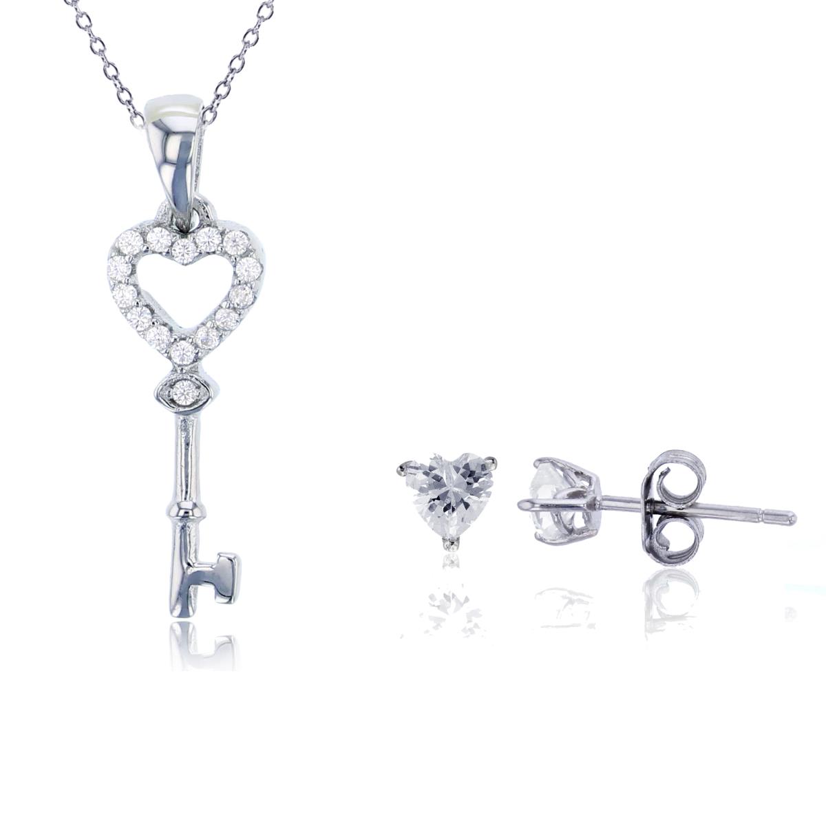 Sterling Silver Rhodium Rnd CZ Key 13"+2" Necklace & 4mm Heart Cut Solitaire Stud Earring Set
