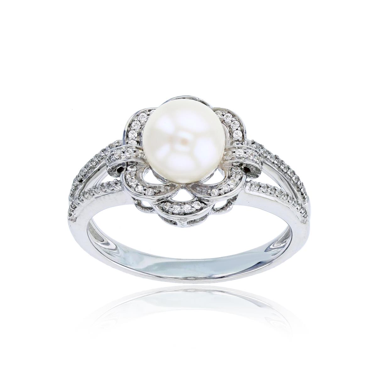 10K White Gold 0.16 CTTW Rnd Diamonds & 7mm Rnd Pearl Flower Ring