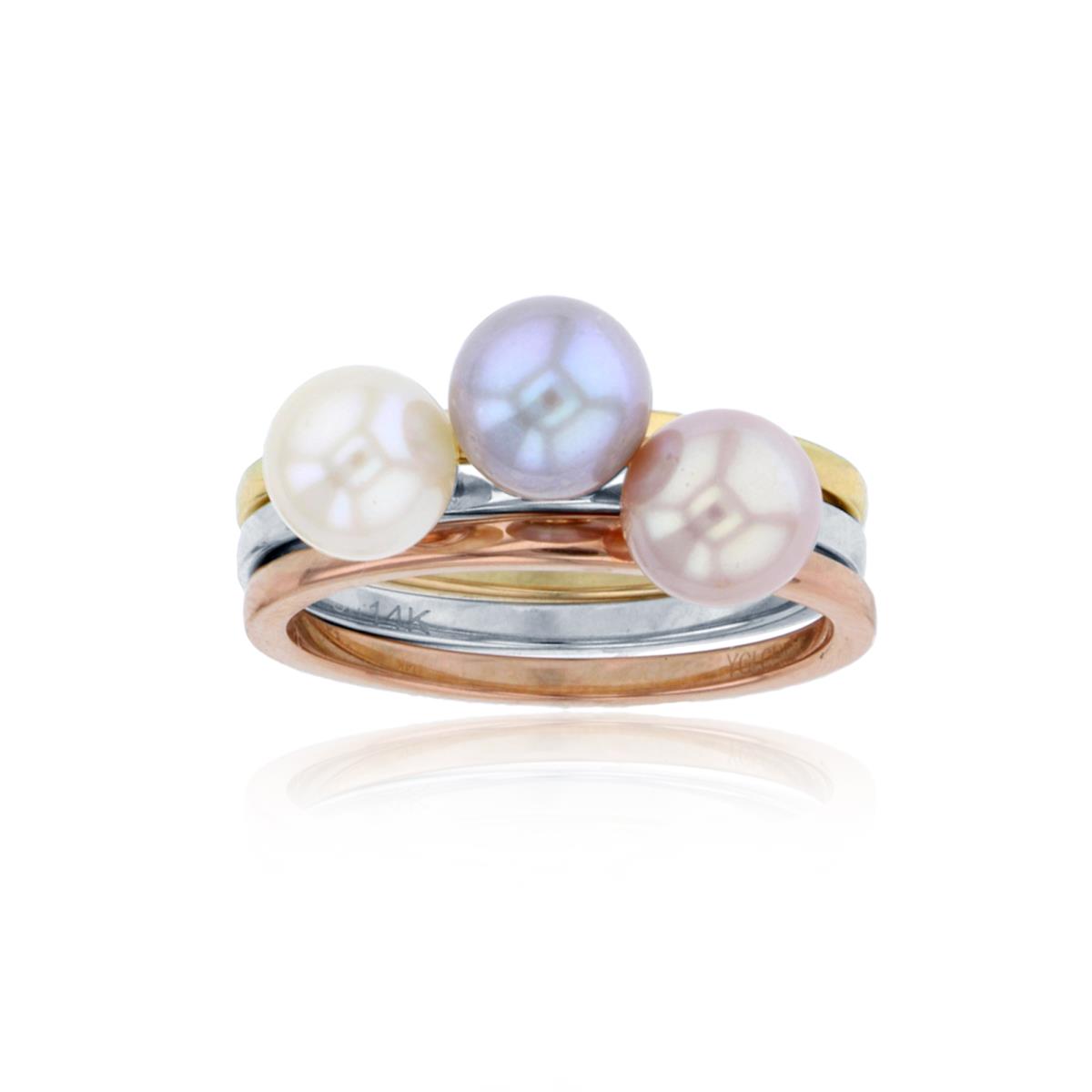 10K Tricolor Gold 6mm Rnd White/Pink/Silver Pearl 3-Rings Set