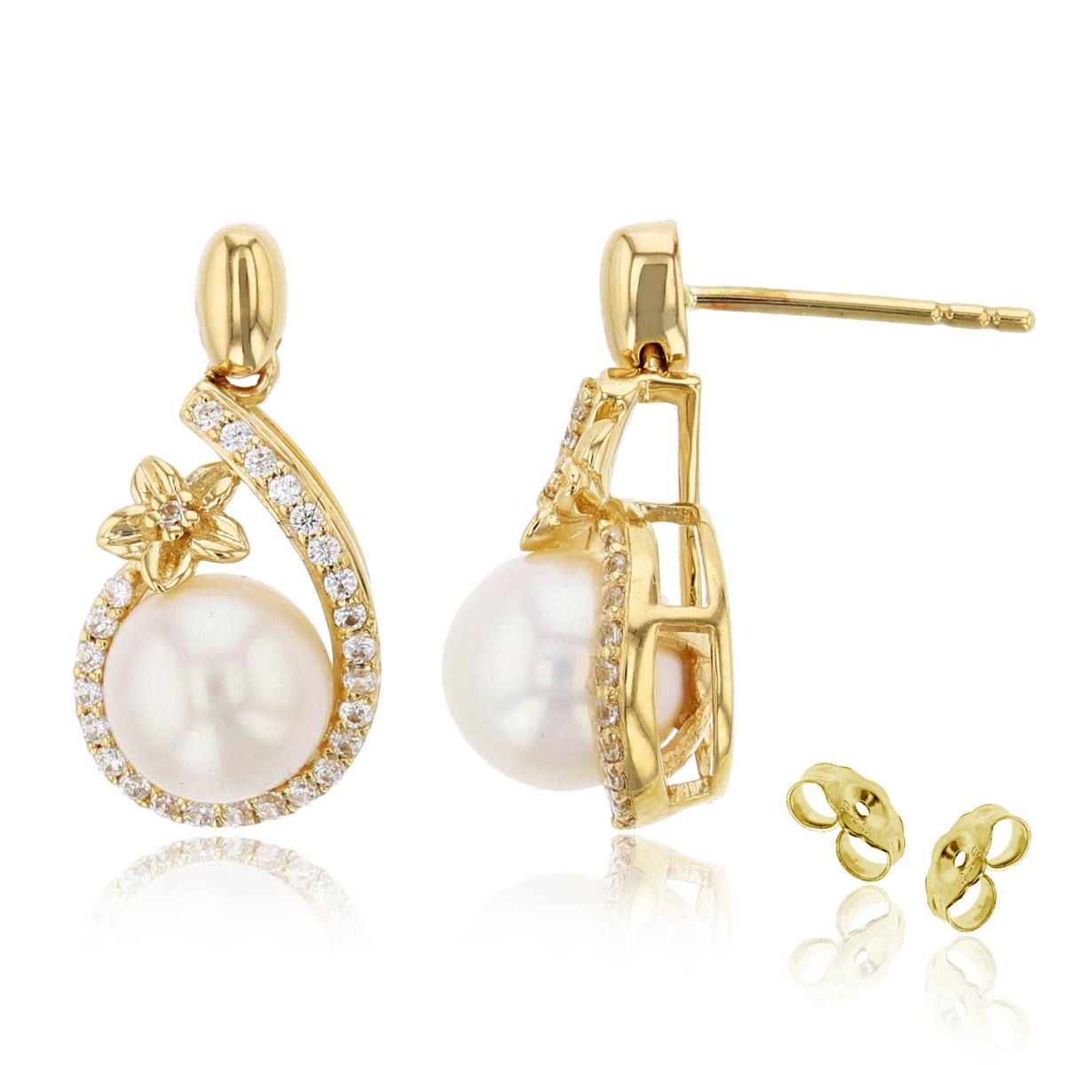 10K Yellow Gold 0.21 CTTW Rnd Diam & 7mm Rnd White Pearl with Flower PS-shape Earring
