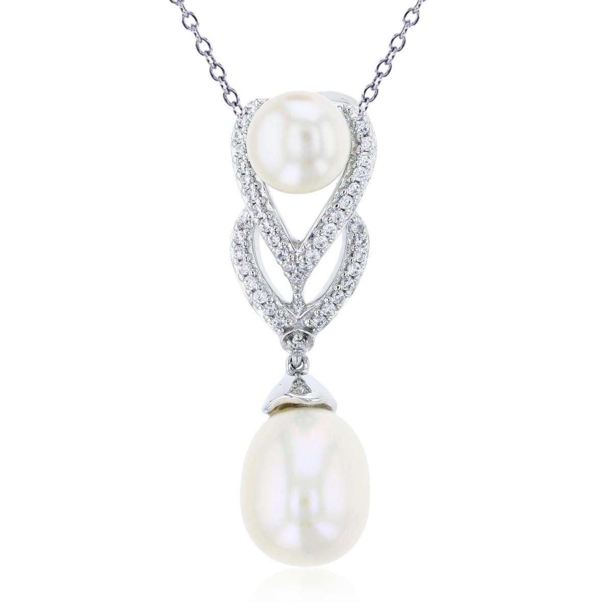 10K Gold White 0.08 CTTW Rnd Diam & 11X9-mm TD/ 7mm Button White Pearl Dangling 18"Necklace