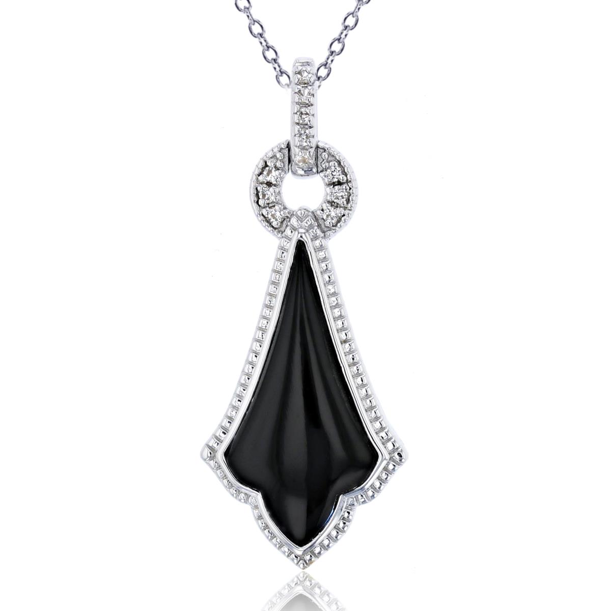 Sterling Silver Rhodium 18x9mm Fancy Cut Inlay Onyx & Created White Sapphire Milgrain Dangling 18"Necklace