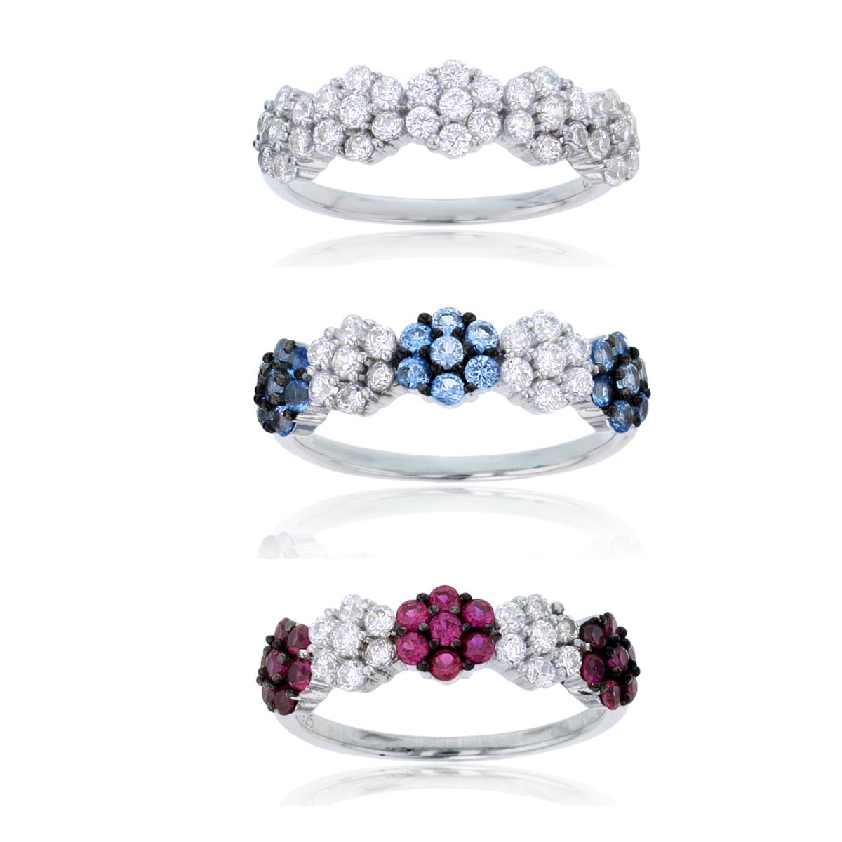 Sterling Silver Rhodium White, Ruby/White & Blue/White CZ Flowers Set of 3 Rings