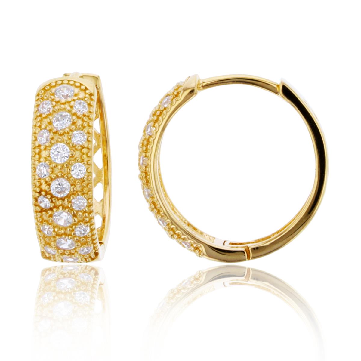 Sterling Silver+1Micron Yellow Gold Rnd White CZ 17x6mm Millgrain Huggie Earring