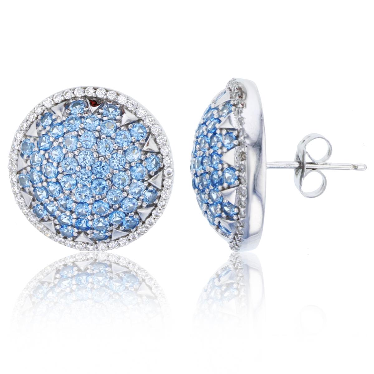 Sterling Silver Rhodium Rnd #119 Blue & White CZ Pave Puffi Circle Earrings