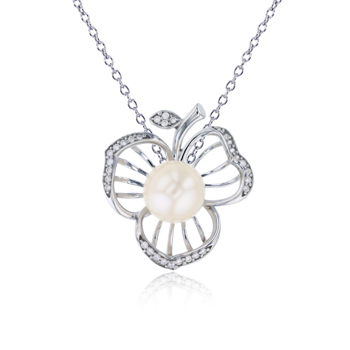 Sterling Silver Rhodium 0.10CTTW Rnd Diamonds & 7mm White Pearl Flower 18"Necklace