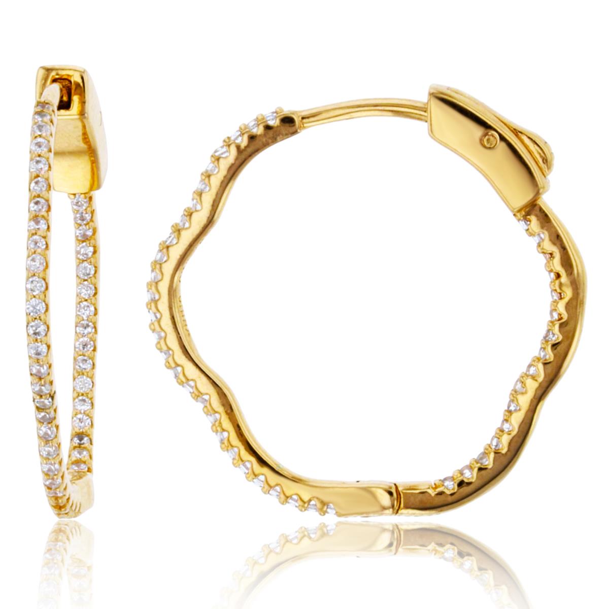 Sterling Silver+1Micron Yellow Gold Rnd White CZ 23x1.5mm Waved Hoop Earring