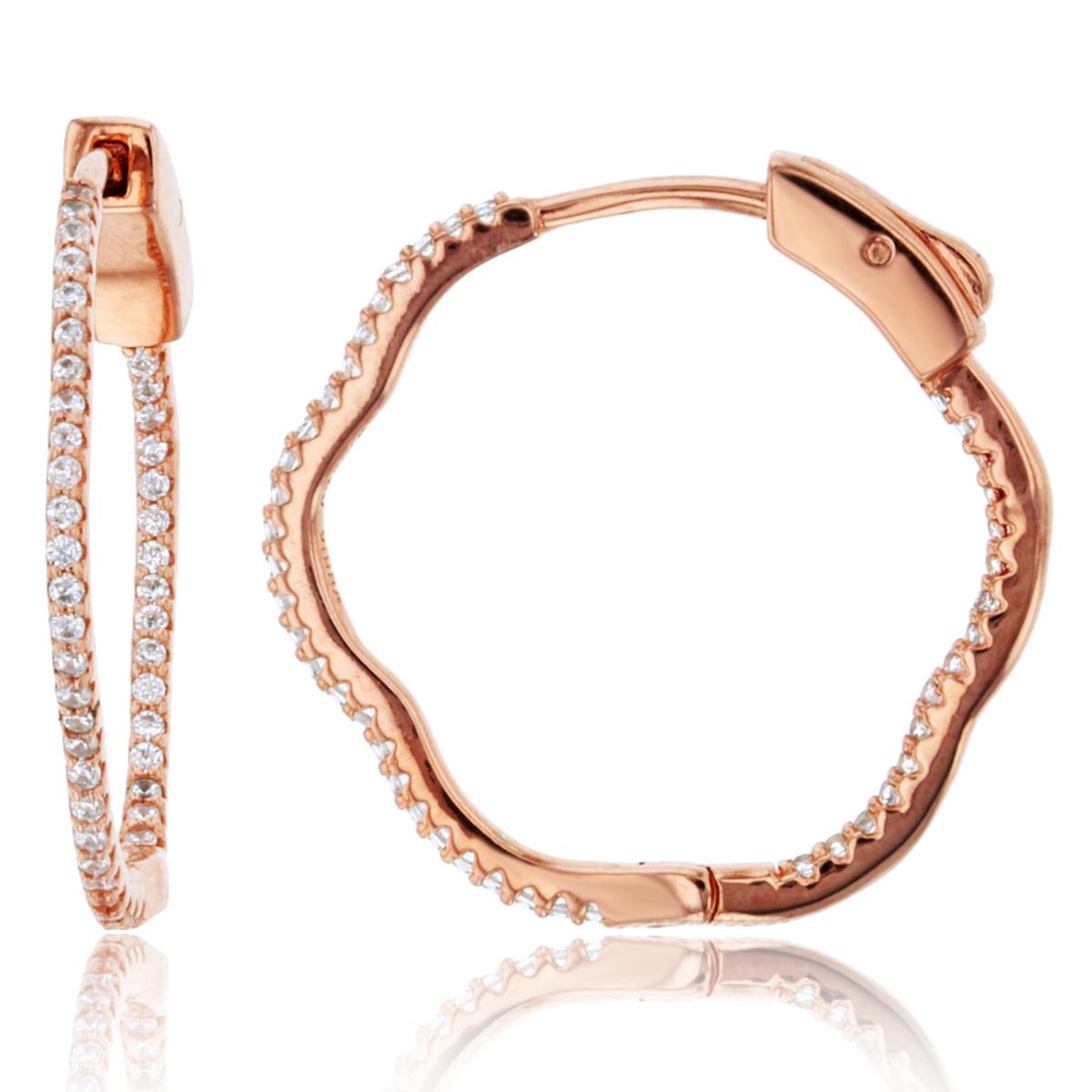 Sterling Silver+1Micron Rose Gold Rnd White CZ 23x1.5mm Waved Hoop Earring