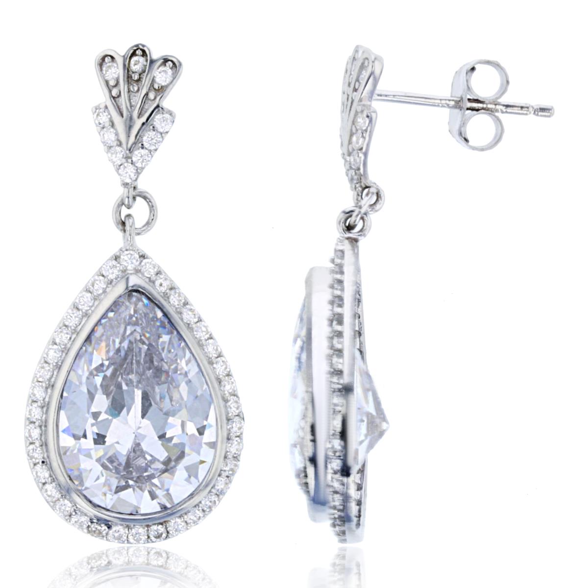Sterling Silver Rhodium 14x10mm PS & Rnd White CZ Dangling Halo PS-Earrings