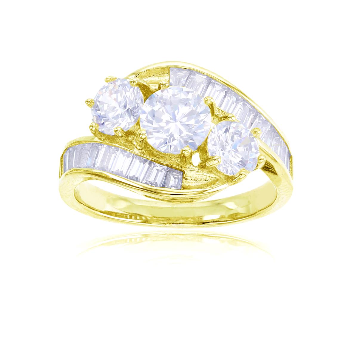 Sterling Silver+1Micron Yellow Gold SB/TB/Rnd CZ 3-Stones Center Anniversary Ring