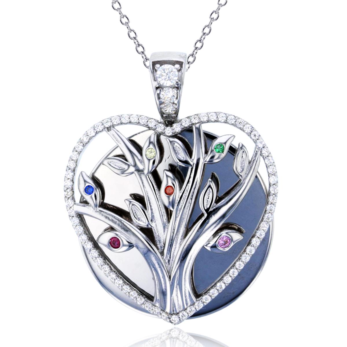 Sterling Silver Rhodium Rnd Multicolor CZ Textured Tree in Heart with Circle 18"Necklace