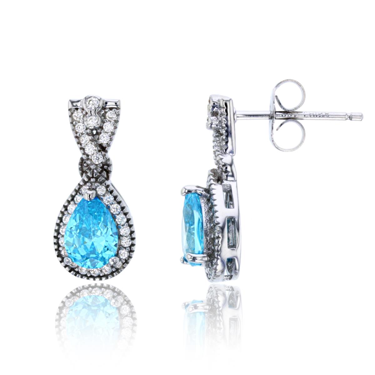 Sterling Silver Rhodium 7x5mm PS Swiss Blue Topaz CZ & Rnd White CZ Millgrain Halo PS-Earrings