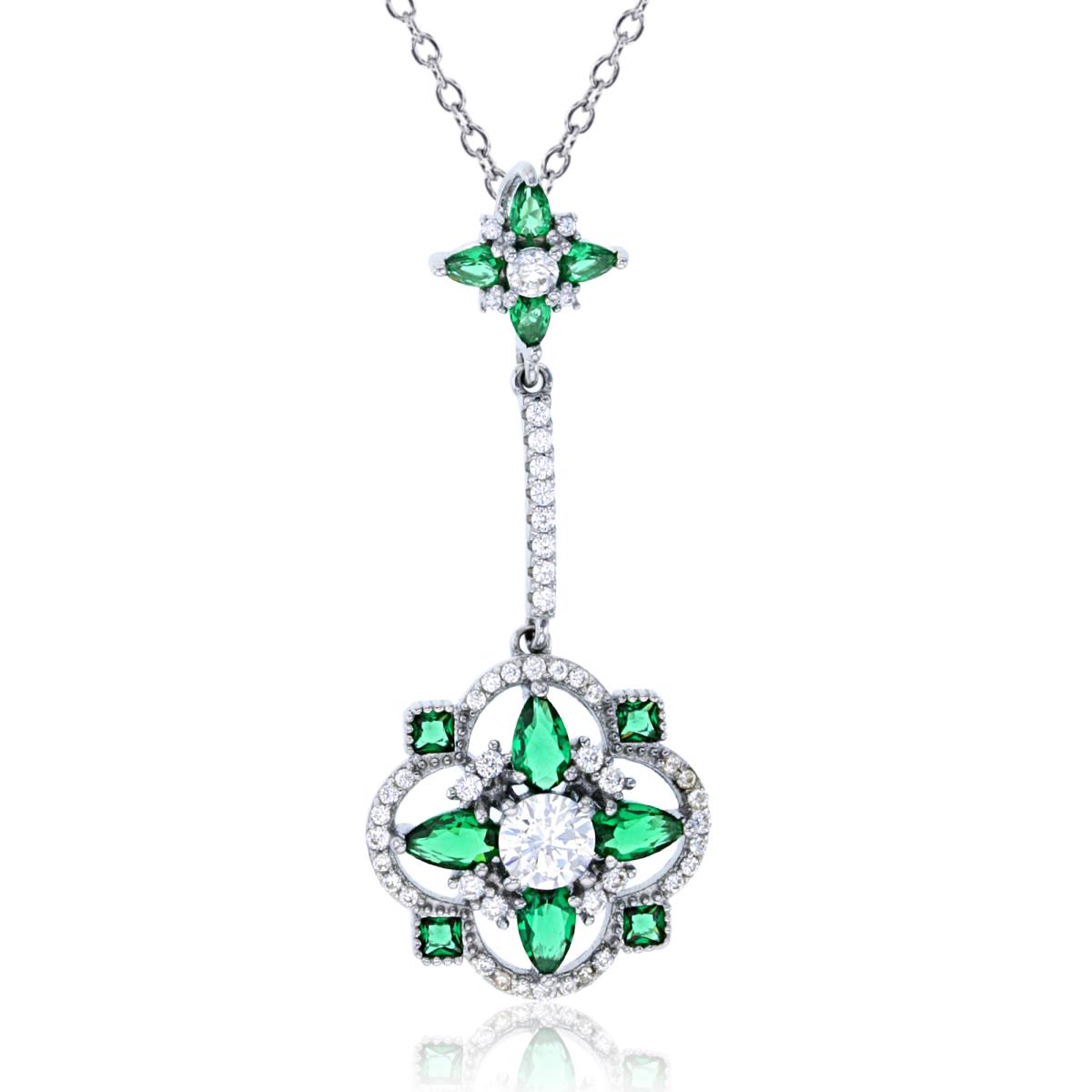 Sterling Silver Rhodium PS/SQ Emerald CZ & Rnd White CZ Big/Small Flowers Dangling 18"Necklace