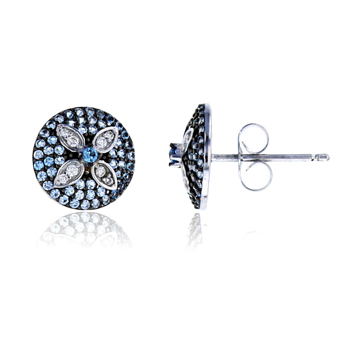 Sterling Silver Two-Tone Rnd White & #119 Blue CZ Pave Flower on Rnd Studs