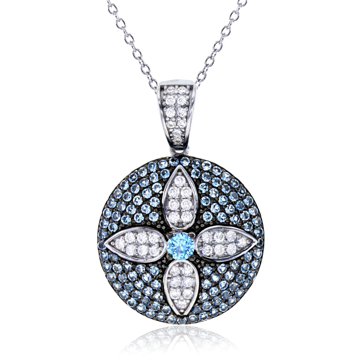 Sterling Silver Two-Tone Rnd White & #119 Blue CZ Pave Flower on Round 18"Necklace
