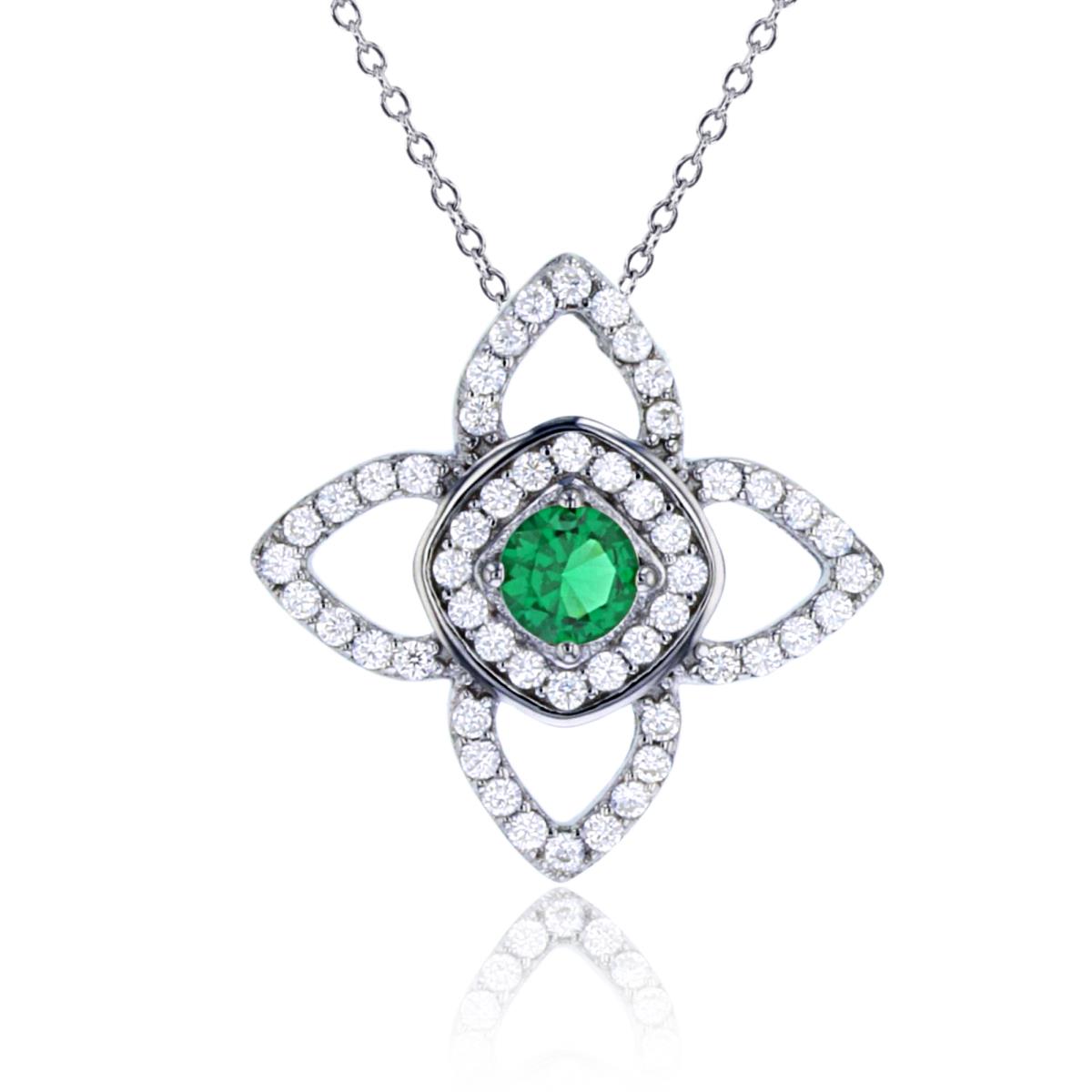 Sterling Silver Rhodium Rnd White & Emerald CZ Clover 18"Necklace