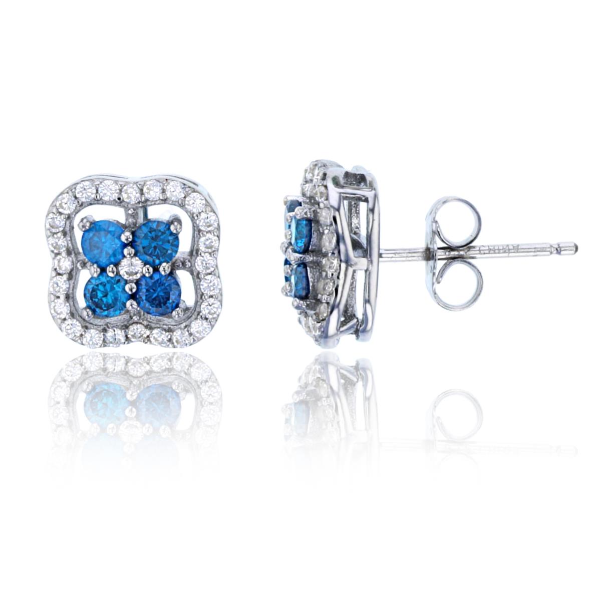 Sterling Silver Rhodium 10mm Rnd London Blue Topaz CZ Clover Studs