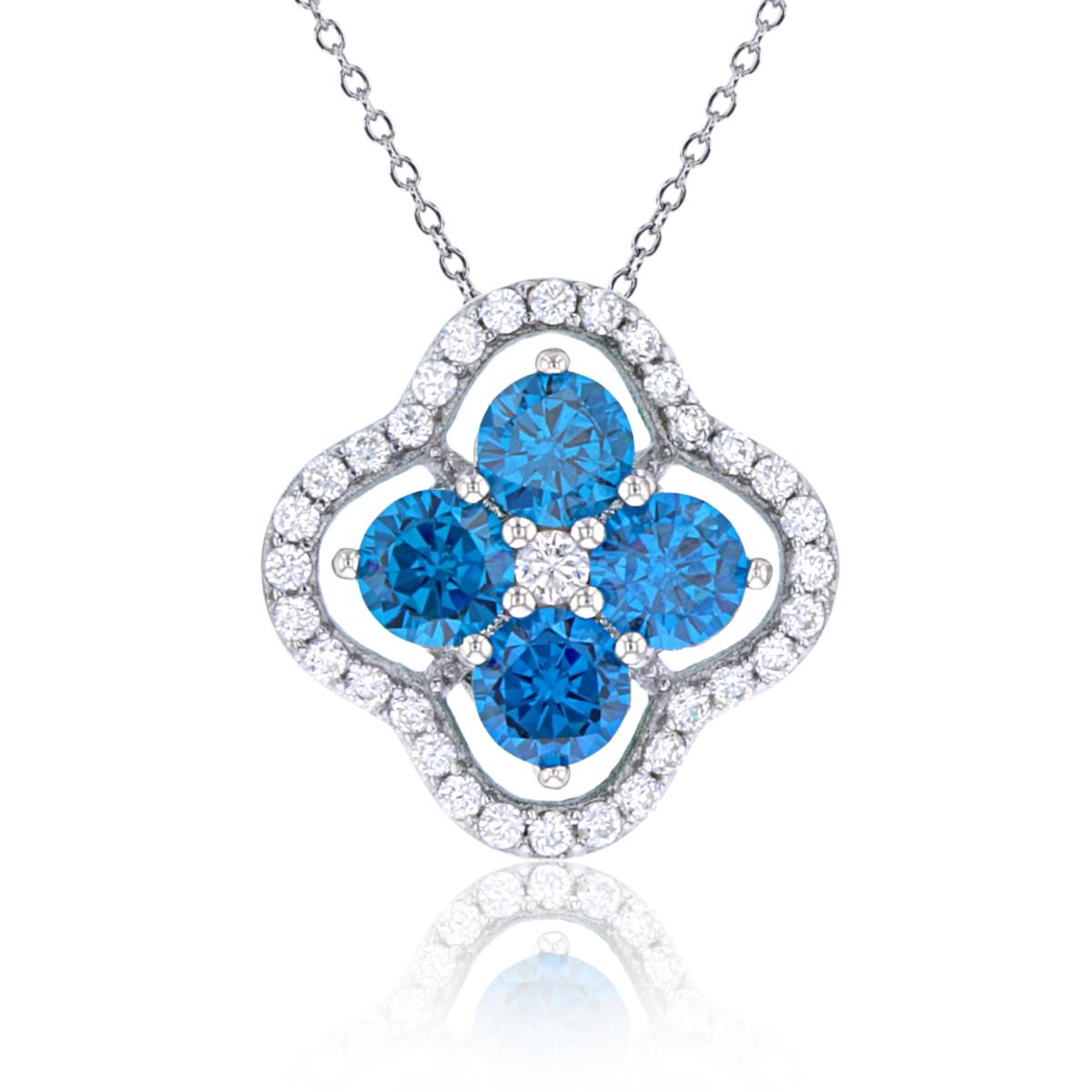 Sterling Silver Rhodium 18mm Rnd White & London Blue Topaz CZ Clover18"Necklace