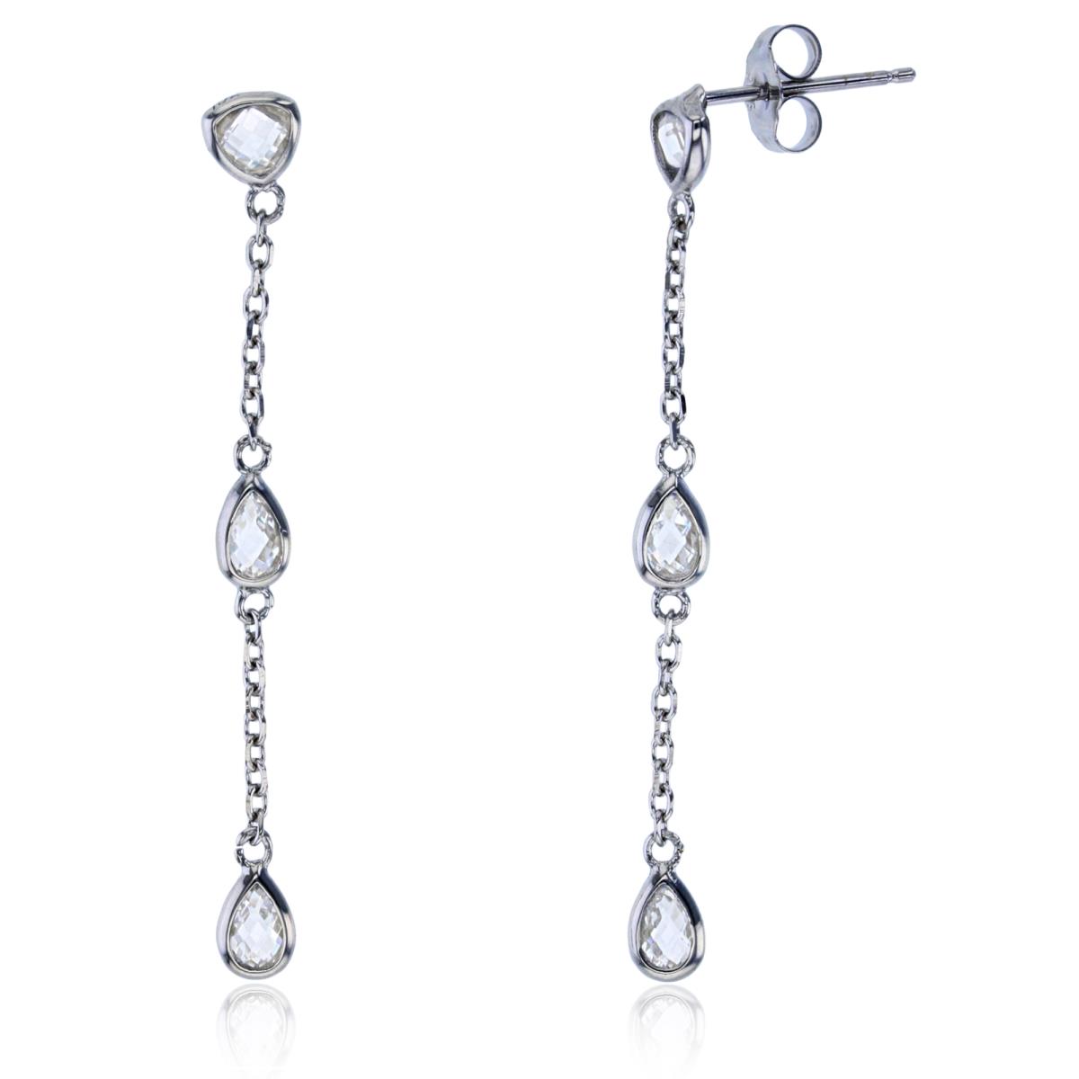 Sterling Silver Rhodium PS& Trill White CZ Bezel on Chain Dangling Earring