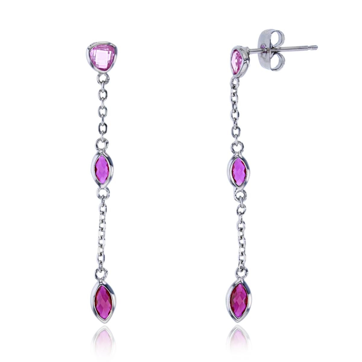 Sterling Silver Rhodium Rnd & Trill Ruby CZ Bezel on Chain Dangling Earring
