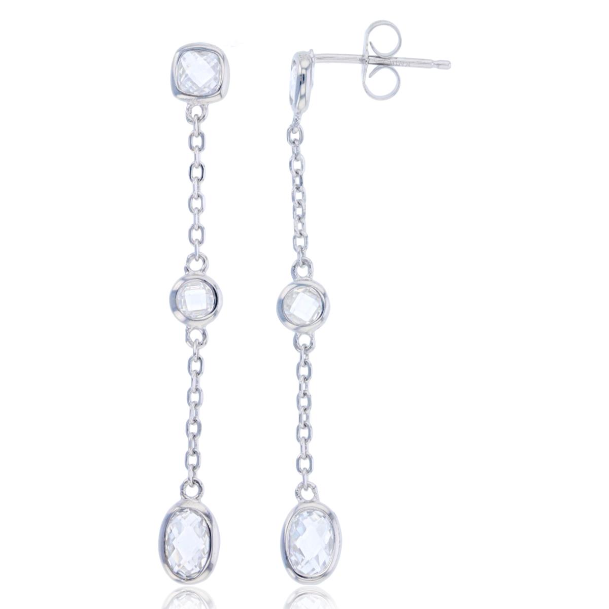 Sterling Silver Rhodium Rnd/Oval/Cush White CZ Bezel on Chain Dangling Earring