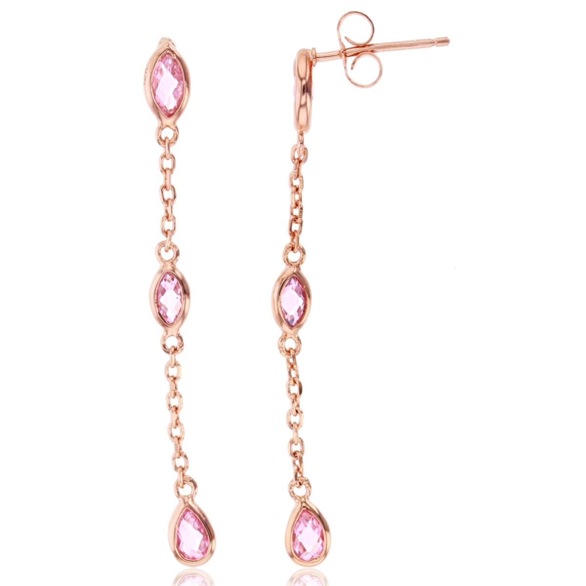 Sterling Silver Rose  MQ & PS Pink CZ Bezel on Chain Dangling Earring