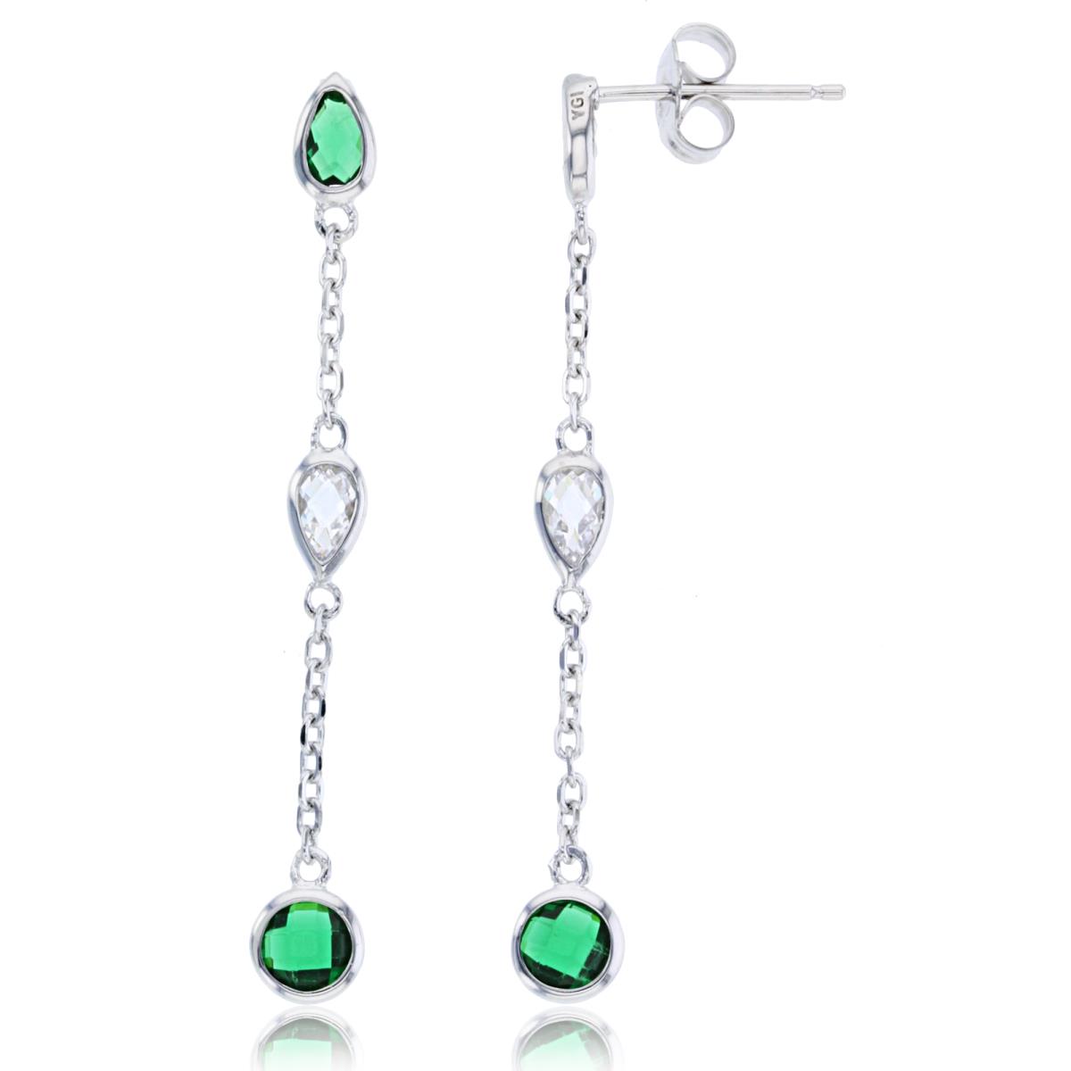 Sterling Silver Rhodium PS & Rnd White/Emerald CZ Bezel on Chain Dangling Earring