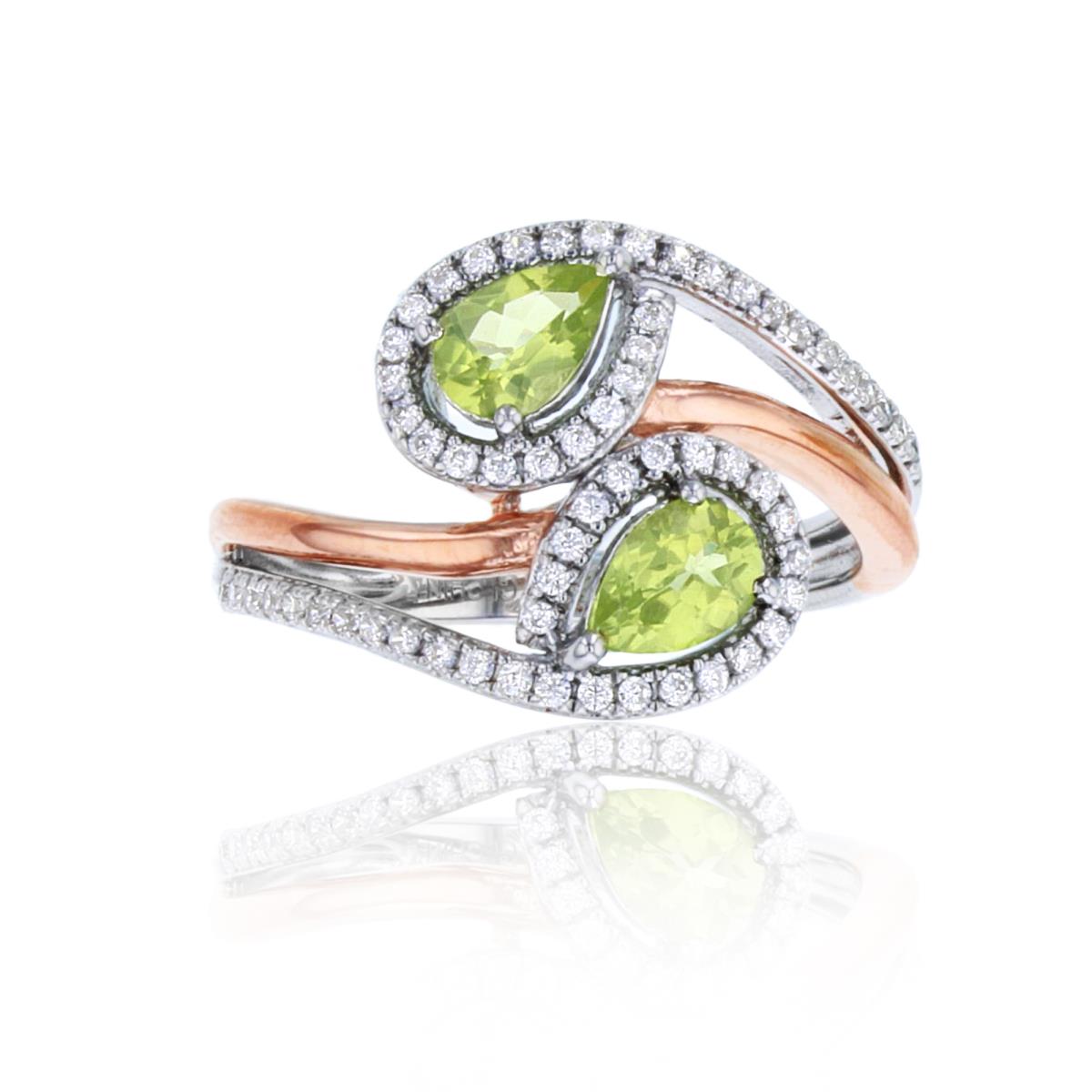 Sterling Silver+1Micron 14K Rose Gold Rnd CZ & 6x4mm PS Peridot Bypass Halo Ring