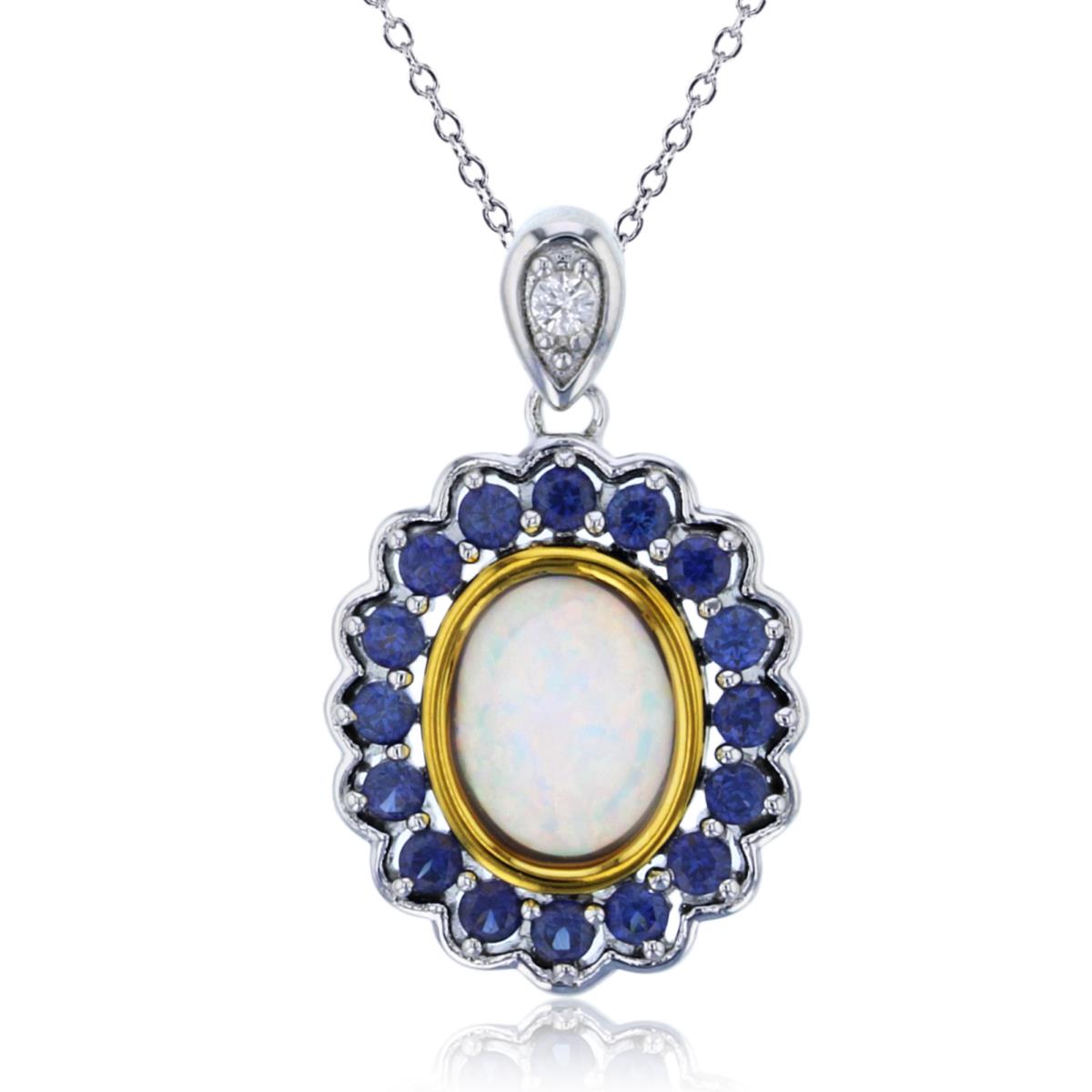 Sterling Silver+1Micron 14K Yellow Gold 9x7mm Ov Created Opal & Rnd Cr Blue/White Flower 18"Necklace