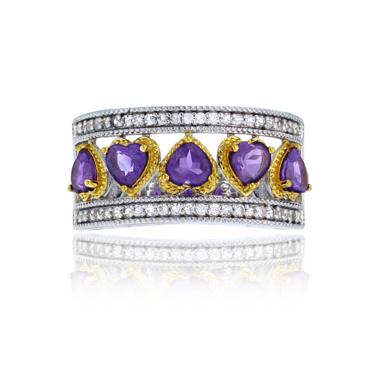 Sterling Silver+1Micron 14K Yellow Gold Rnd CZ & 4mm HS Amethyst Millgrain Hearts Band 