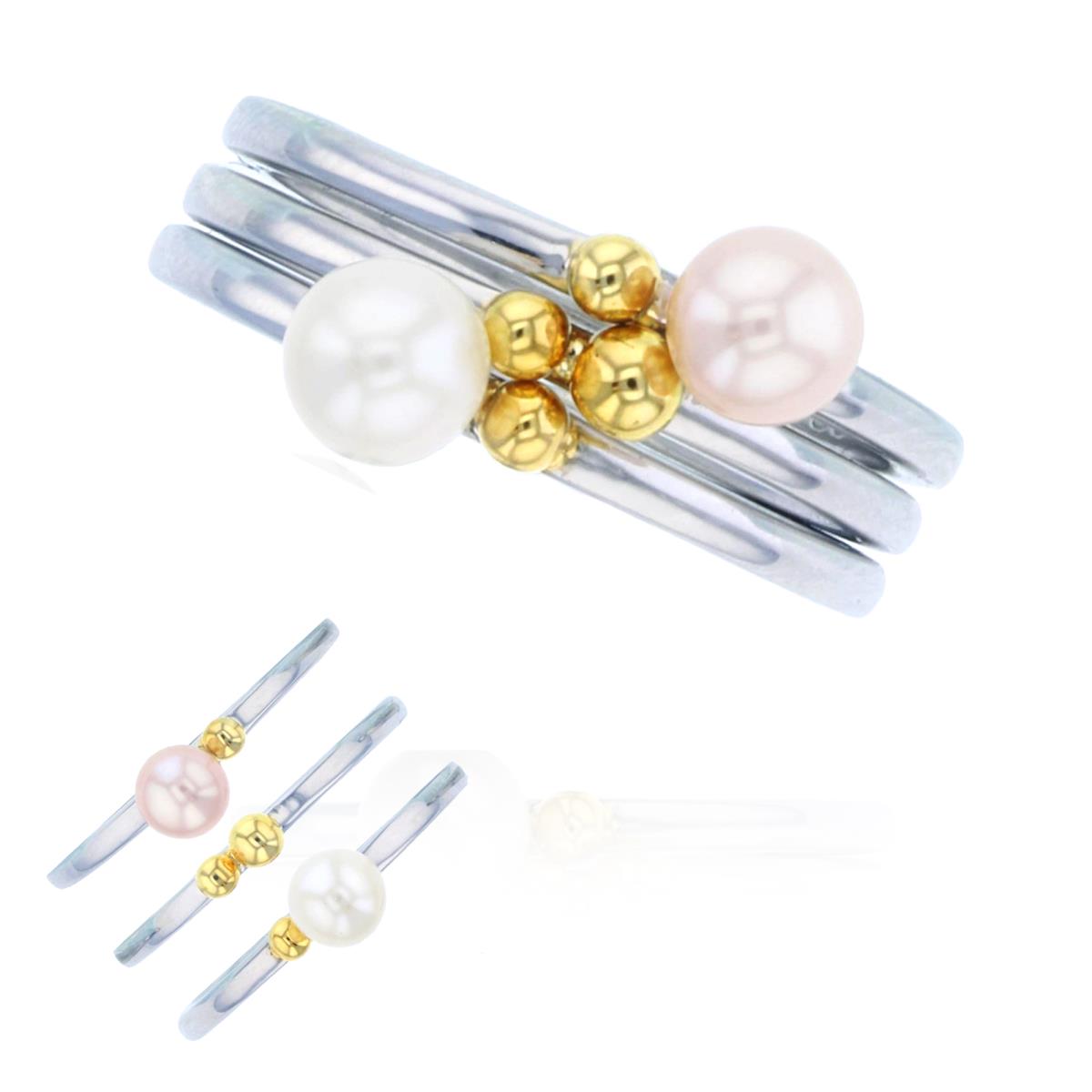 Sterling Silver+1Micron 14K Yellow Gold Rnd Pink & White Pearls 3-Rings Set