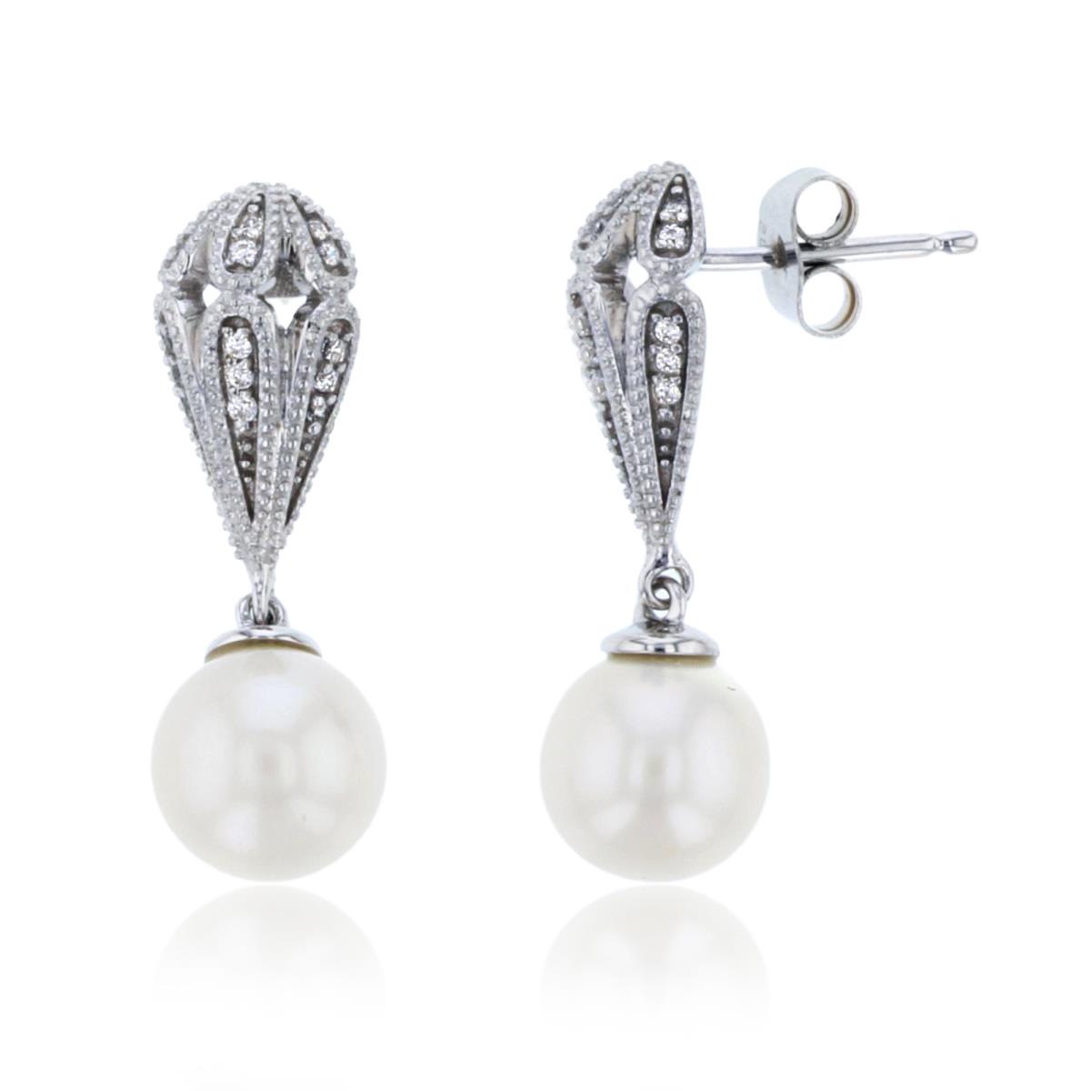 14K White Gold Rnd CZ & 7mm Rnd Pearl Drop Millgrain Earring