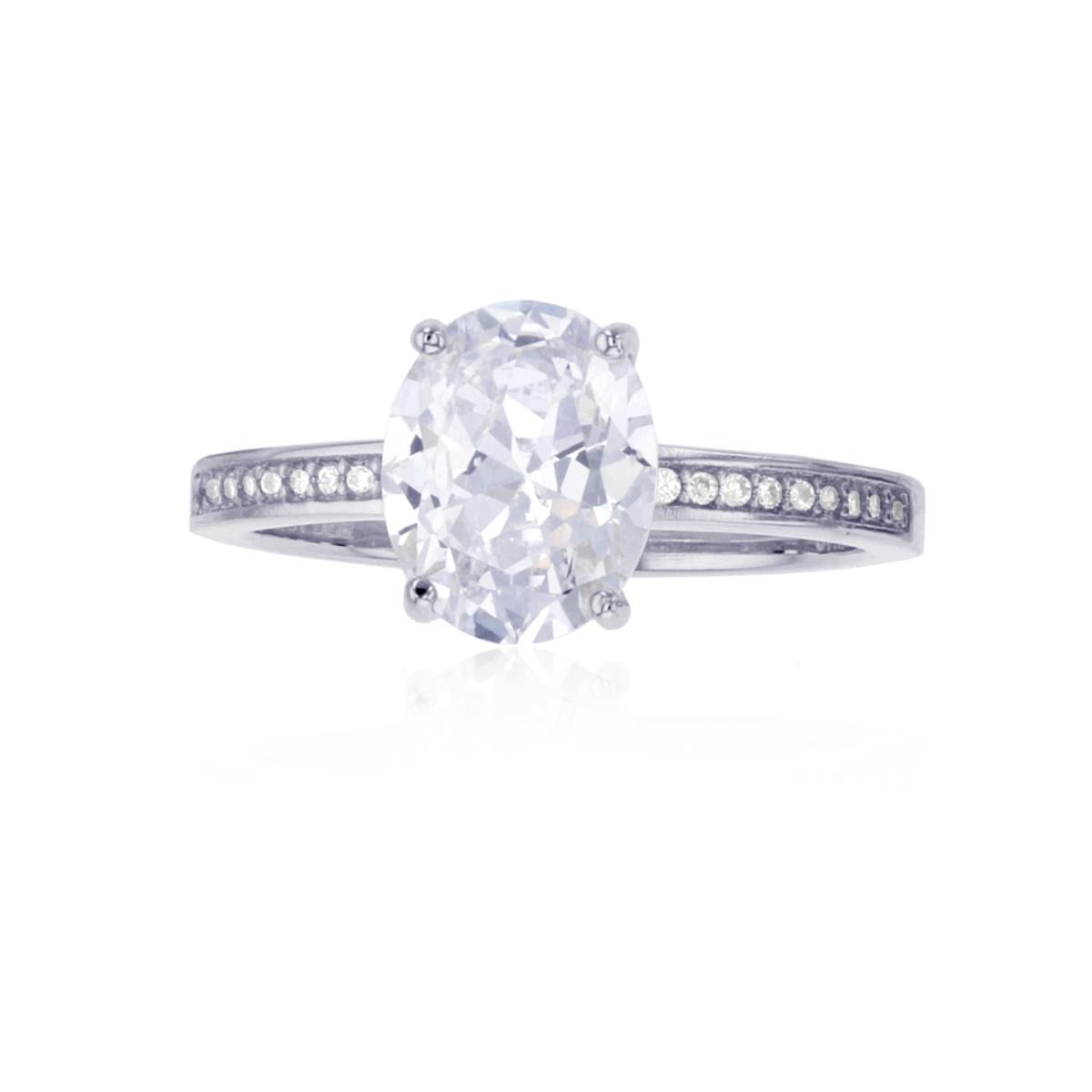 Sterling Silver Rhodium 10x8mm Oval CZ Paved Sides Engagement Ring
