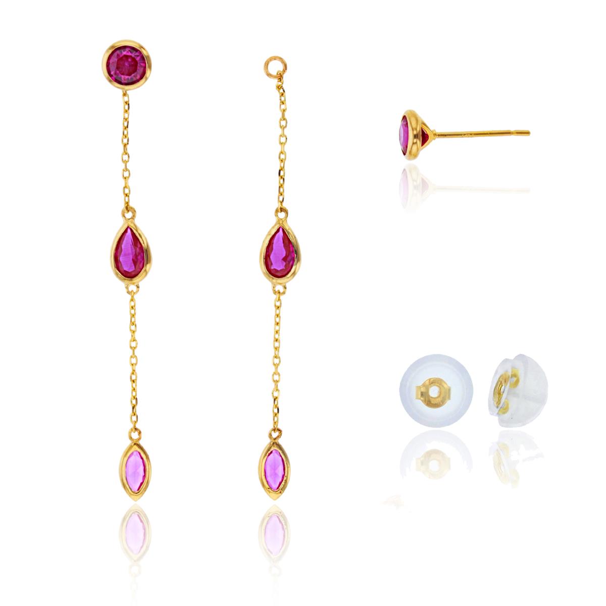 14K Yellow Gold Multishape Ruby CZ Bezel Stud on Linked Dangling Earring with Silicon Backs