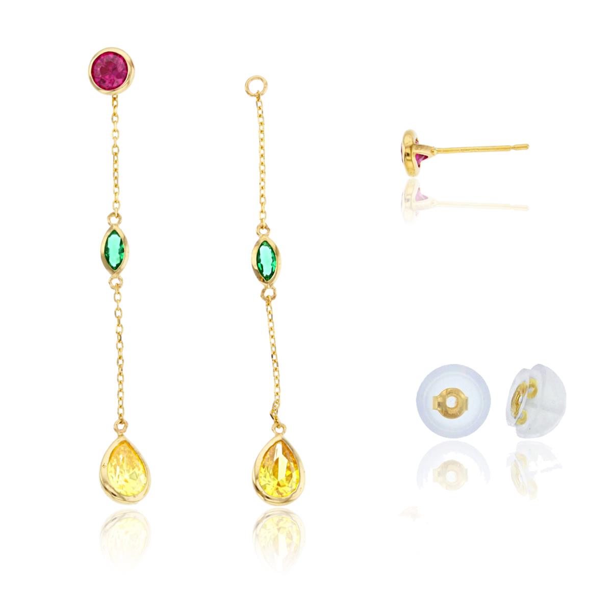 14K Yellow Gold Rnd/PS/MQ  Multicolor Bezel Studs on Linked Dangling Earrings with Silicon Backs
