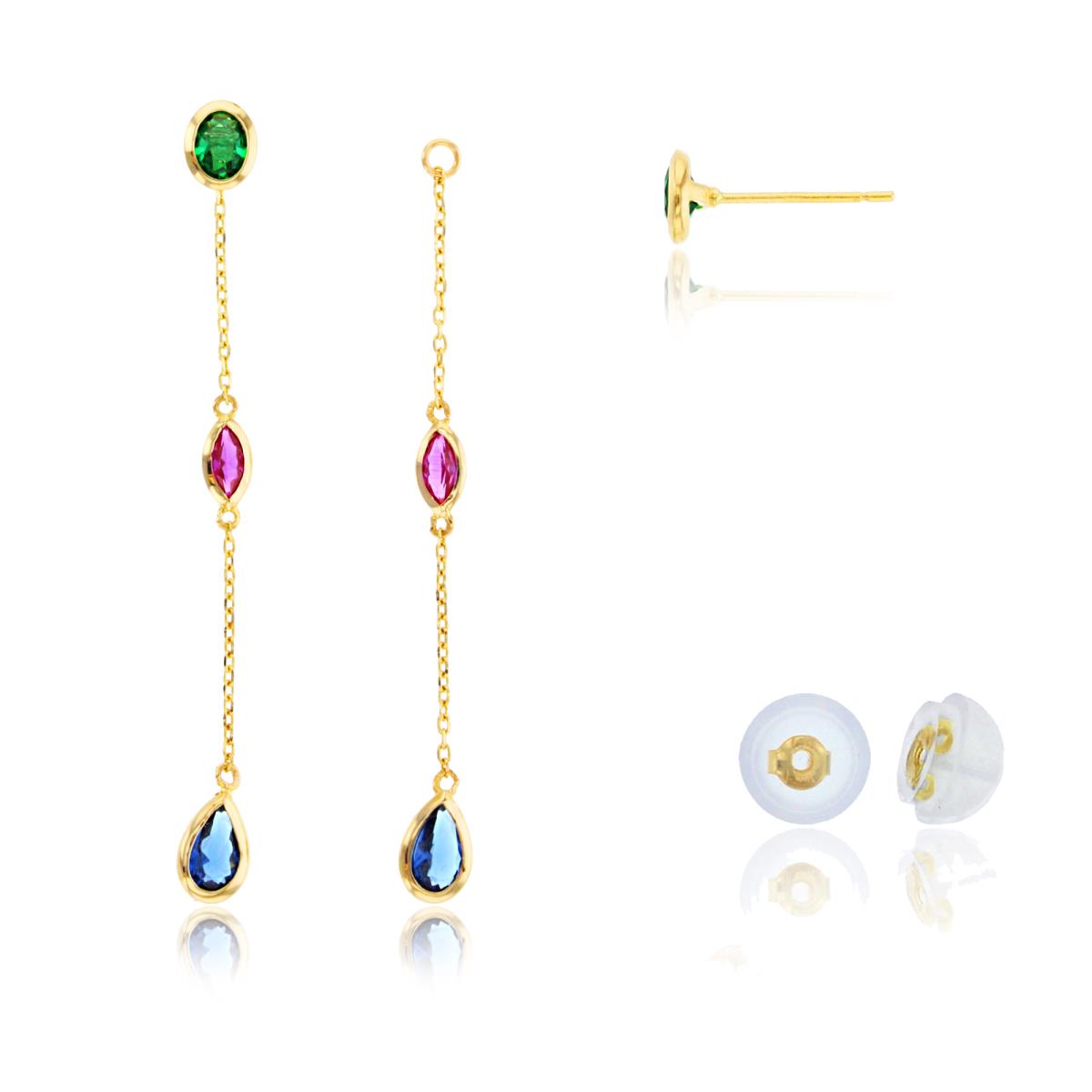 14K Yellow Gold Multishape Multicolor CZ Bezel Studs on Linked Dangling Earrings with Silicon Backs
