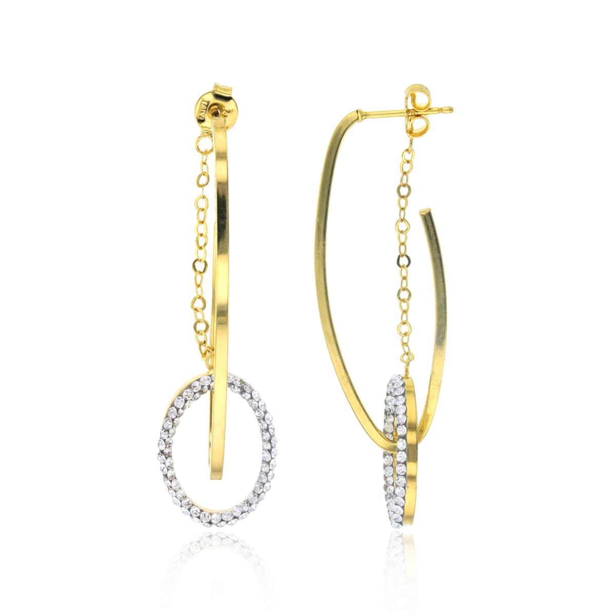14K Yellow Gold Dangling Crystal Oval wth Chain on Open Hoop Earring