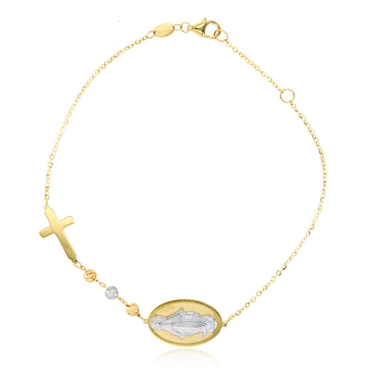14K Two-Tone Gold 3mm DC Beads Virgin Mary & Cross Rosary 7.75" Bracelet