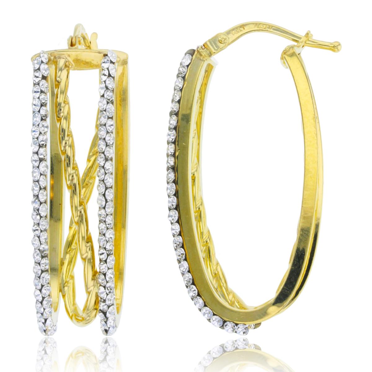 14K Yellow Gold Crystal Double Rows with Textured Between 30X9mm Oval Hoop Earring