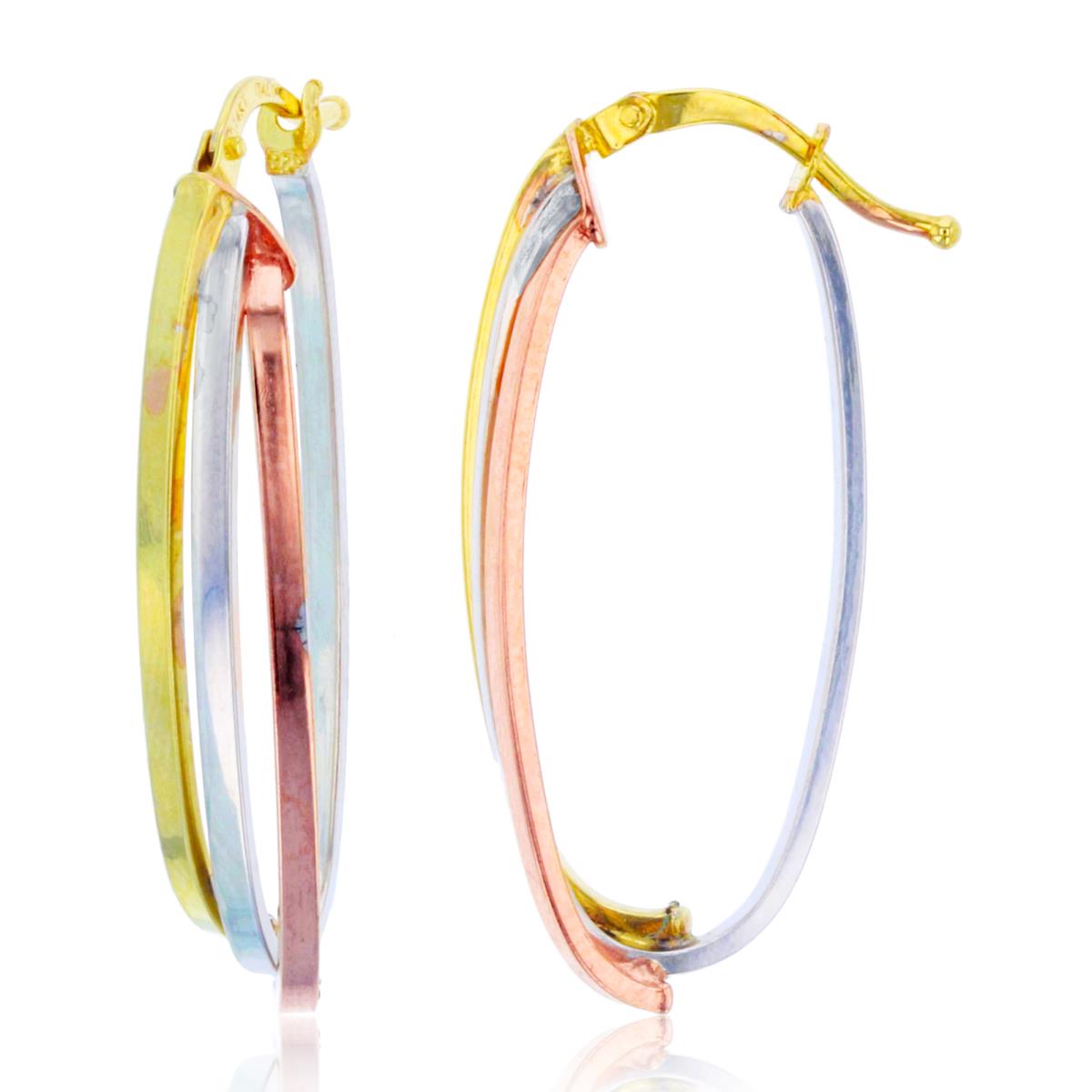 14K Tricolor Gold 3-Vertical Flat Rows 32X6mm Oval Hoop Earring