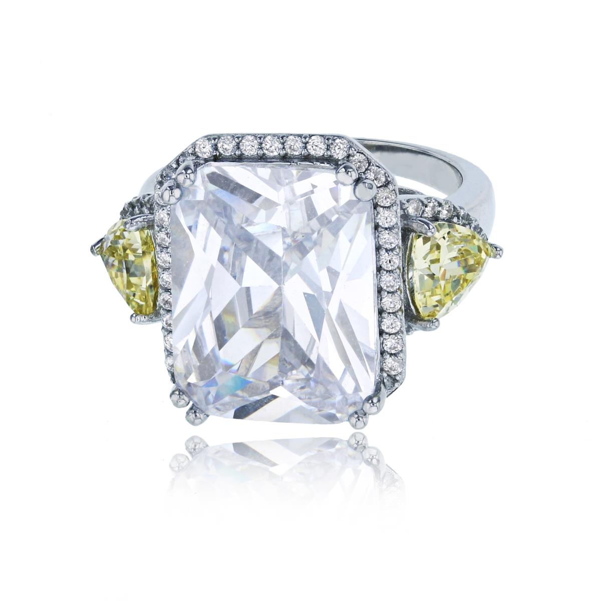 Sterling Silver Rhodium 16x12mm White Radiant Cut CZ & 6mm Canary Yellow Trillion Cut Glass Sides Ladies Ring