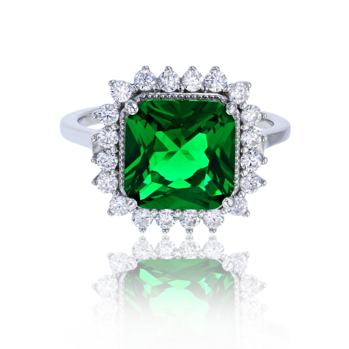 Sterling Silver Rhodium 10mm Emerald Princess Cut Glass & White CZ Halo Eng Ring