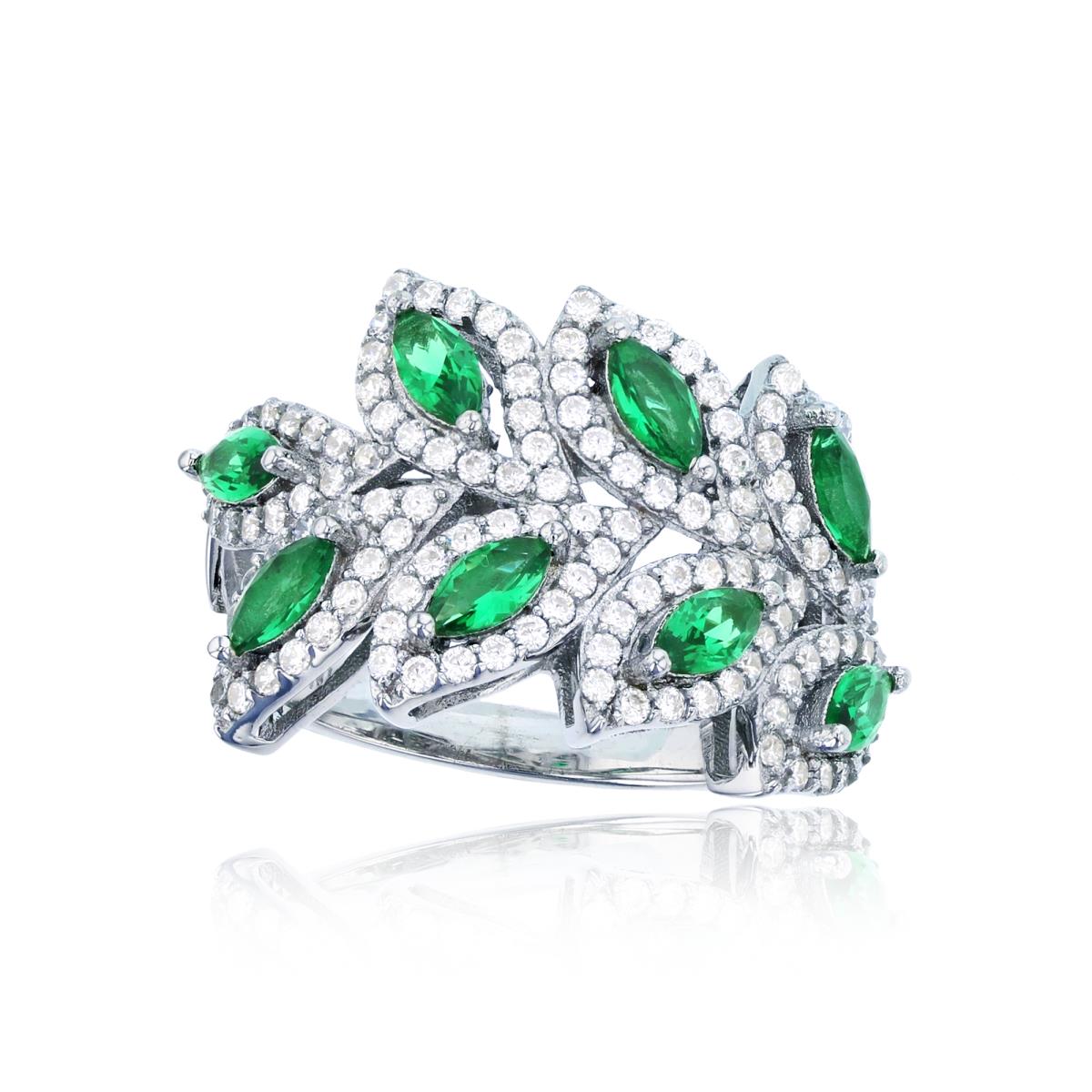Sterling Silver Rhodium MQ Emerald Glass & Rnd White CZ Leaves Ring