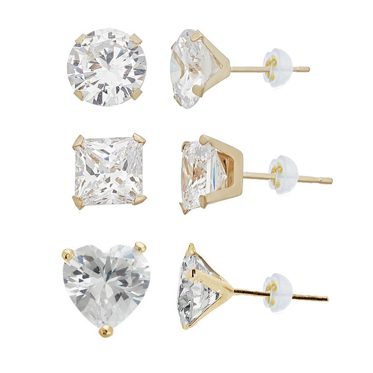 10K Yellow Gold 7mm Heart, Round & Square Solitaire Stud Earring Set