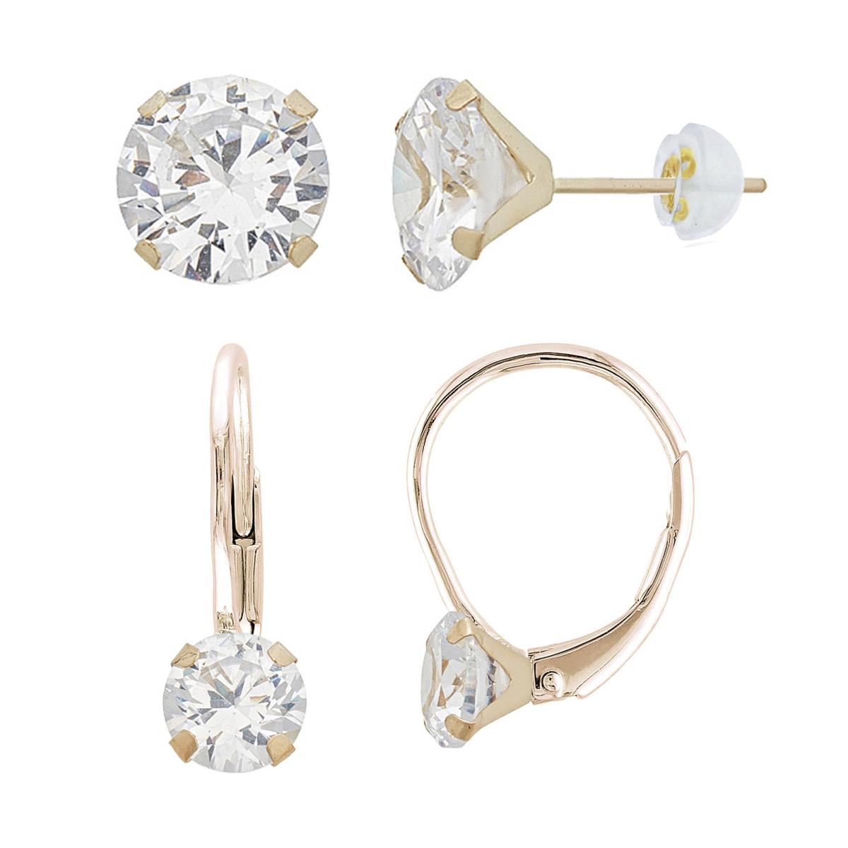 10K Yellow Gold 6mm Rd Cut Martini Leverback & 8mm Rd Solitaire Stud Earring Set 