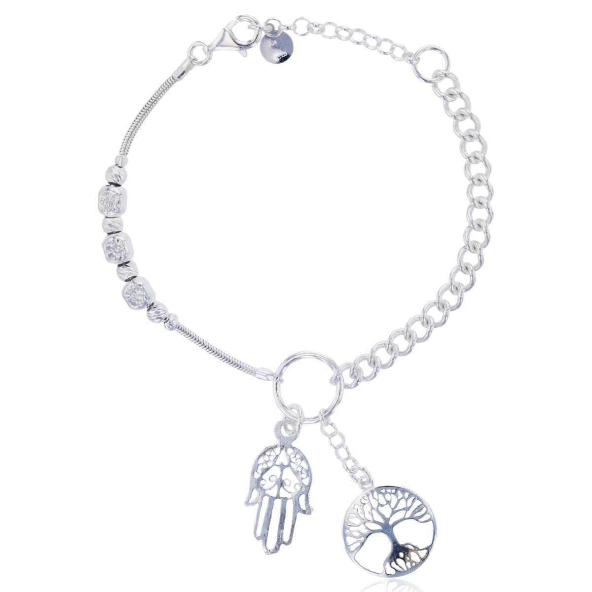 Sterling Silver Rhodium Chained & DC Beaded 7"+1"ext Bracelet with Hamsa/Tree of Life Charms